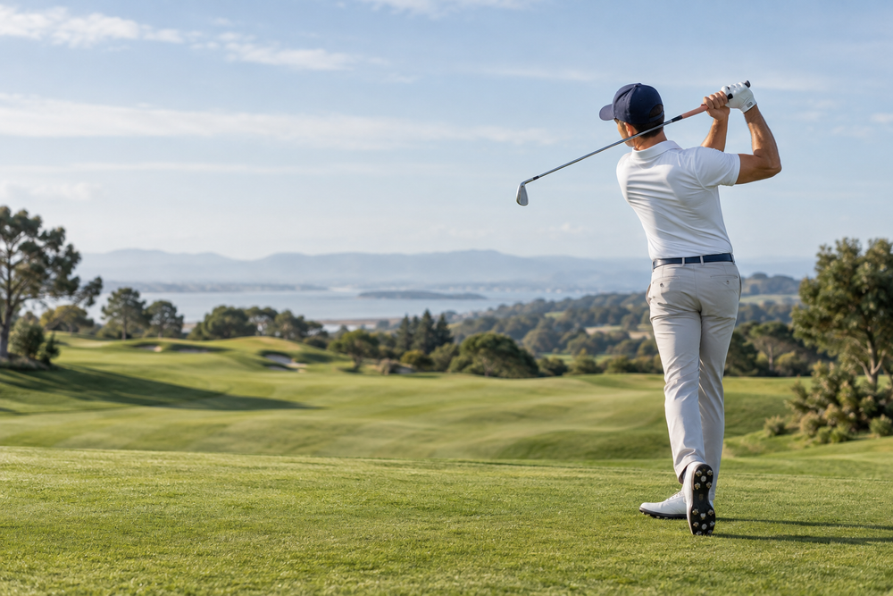 Golfer following through on a shot on an open fairway
